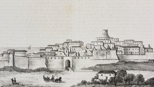 Utsikt over Crotone, Calabria, Italia, litografi av Salvatore Puglia fra Poliorama Pittoresco, n 12, 26. oktober av Salvatore Puglia