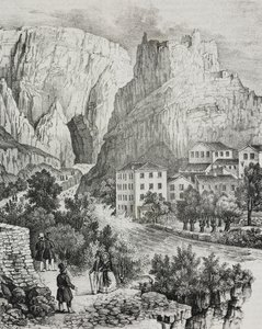 Utsikt over Fontaine-de-Vaucluse, Frankrike, litografi av Sardi fra Poliorama Pittoresco, n 51, 30. juli av Salvatore Puglia