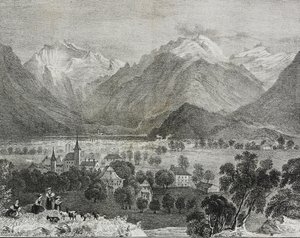 Utsikt over Interlaken, Sveits, litografi av Salvatore Puglia fra Poliorama Pittoresco, n 36, 16. april av Salvatore Puglia