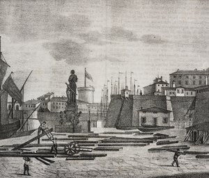 Utsikt over Livorno dock, Toscana, Italia, litografi av Salvatore Puglia fra Poliorama Pittoresco, n 38, 26. april av Salvatore Puglia