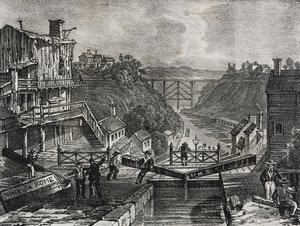 Utsikt over Lockport, i staten New York, USA, litografi av Salvatore Puglia fra Poliorama Pittoresco, n 1, 10. august av Salvatore Puglia