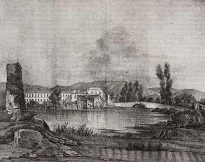 Utsikt over Santa Restituta-fabrikken og kirken ved bredden av Fibreno-elven i Cornello, Lazio, Italia, litografi av Salvatore Puglia etter tegning av Raffaele Carelli, fra Poliorama Pittoresco, n 16, 26. november av Salvatore Puglia