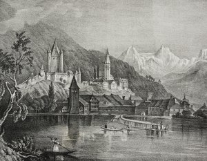 Utsikt over Thun, kanton Bern, Sveits, litografi av Salvatore Puglia fra Poliorama Pittoresco, n 35, 9. april av Salvatore Puglia