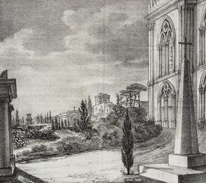 Utsikt over kirkegården fra gotisk kloster, Napoli, Campania, Italia, litografi av Salvatore Puglia fra Poliorama Pittoresco, n 34, 1. april av Salvatore Puglia