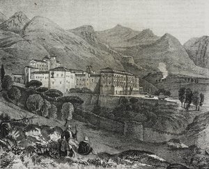 Utsikt over klosteret San Martino delle Scale nær Palermo, Sicilia, Italia, litografi av Salvatore Puglia fra Poliorama Pittoresco, n 47, 2. juli av Salvatore Puglia