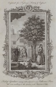 Biskop Gardiner kommer med en vakt for å gripe Catherine Parr, som gikk i hagen med Henry VIII (gravering)
