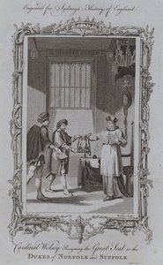 Kardinal Wolsey fraskriver seg det store seglet til hertugene av Norfolk og Suffolk (gravering) av Samuel (after) Wale