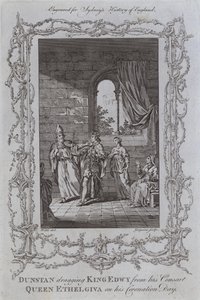 Dunstan drar kong Edwy fra sin konsort, dronning Ethelgiva på kroningsdagen (gravering) av Samuel (after) Wale