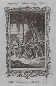 Edmund I knivstukket av røveren Leolf (gravering) av Samuel (after) Wale