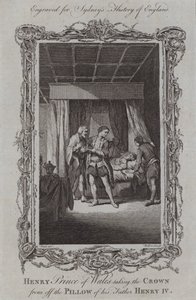 Henry Prince of Wales tar kronen fra puten til sin far Henry IV (gravering)