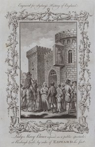 Lady Mary Bruce avslørte, som et offentlig skue, på Roxburgh Castle, etter ordre fra Edward den første (gravering) av Samuel (after) Wale