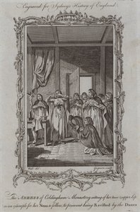 Abbedissen av Coldingham Monastery skjærer nesen og overleppen hennes som et eksempel for nonner å følge, for å unngå å bli henrykt av danskene (gravering)