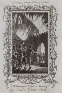 The Burning of St John's Monastery, nær Smithfield, av Wat Tyler's Rabble (gravering) av Samuel (after) Wale
