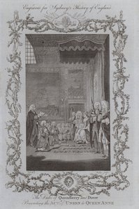 Hertugen av Queensberry og Dover presenterer unionsloven til dronning Anne (gravering) av Samuel (after) Wale
