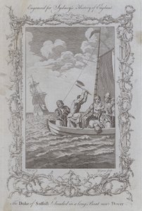 Hertugen av Suffolk halshugget i en lang båt nær Dover (gravering) av Samuel (after) Wale
