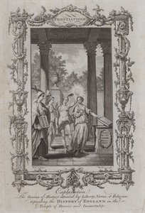 The Genius of History deltatt av Liberty, Virtue og Religion, deponerer Englands historie i Temple of Honor and Immortality (gravering) av Samuel (after) Wale