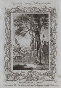 Guvernøren i Meaux henrettet på treet hvor han pleide å henge sine engelske fanger (gravering) av Samuel (after) Wale