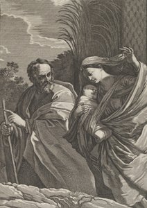 Flukten til Egypt, jomfruen som bærer spedbarnet Kristus, Josef peker på..., ca. 1635-57. av Samuel Bernard