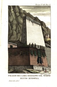 Bolig til Tessaling Lama med det religiøse byggverket kalt Kugopea. Illustrasjon av løytnant Samuel Davis Fra kaptein Samuel Turner (1759-1802) Beretning om en ambassade til domstolen til Teshoo Lama i Tibet 1800. Kobberstikk av Dell'Acqua ha