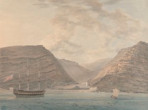 Man of War fortøyd i Harbor, fjell i bakgrunnen av Samuel Davis
