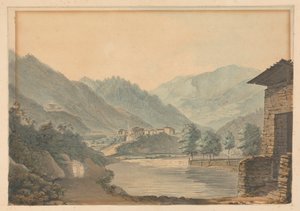 Fjellscene med bygninger og elv av Samuel Davis