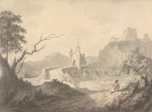 Elvescene og bro med kunstnerskisser i forgrunnen av Samuel Davis