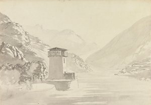 Utsikt fra broen ved Wandepore [Wangdu Phodrang] av Samuel Davis