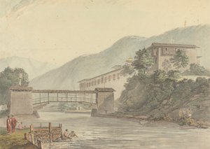 Utsikt over Tashichoedzong, Bhutan og Foot Bridge av Samuel Davis