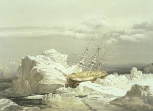 Kritisk posisjon til H.M.S. Etterforsker på nordkysten av Baring Island, 20. august 1851, gravert av William Simpson, utgitt av Ackermann und Co., 1854 av Samuel Gurney Cresswell