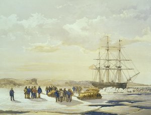 Kjelkefest som forlater H.M.S. Etterforsker i Mercy Bay, 15. april 1853, gravert av E. Walker, utgitt av Ackermann und Co., 1854 av Samuel Gurney Cresswell