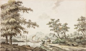 En elv med seilbåter og en hest og vogn (blekk (svart) og akvarell på papir) av Samuel Henry Alken
