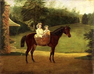 Portrett av to jenter i bagasje på en ponni (olje på panel) av Samuel Henry Alken