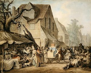 En markedsscene (penn og blekk med akvarell og blekkvasker) av Samuel Hieronymous Grimm