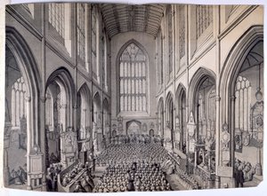 Utsikt, fra østenden, av det indre av Bath Abbey, med menighet