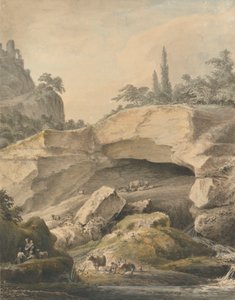 Steinete landskap med bønder og storfe av Samuel Hieronymus Grimm