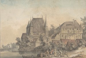 Utsikt over en landsby langs en elv, 1766.