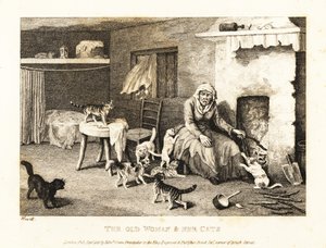 Gammel kjerring som sitter ved ildstedet i en kro omgitt av katter. 1811 (etsing)