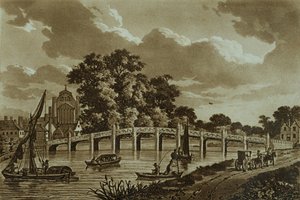 Hampton Court Bridge, illustrasjon fra 'Picturesque Views of Themsen', pub. 1799 (etsing, akvatint) av Samuel Ireland