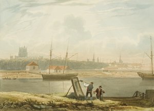 Utsikt over den flytende havnen med katedralen og bykirkene, ca. 1825 av Samuel Jackson