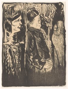 Fantasy: til venstre to figurer med hatter til høyre, til høyre et oppskrapet utseende med fjærdrakt av Samuel Jessurun de Mesquita (signed by artist)