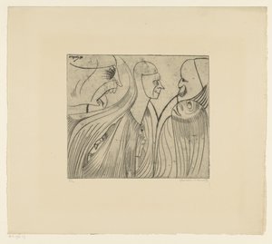 Gruppe av figurer og ansikt med tungen ut av Samuel Jessurun de Mesquita (signed by artist)