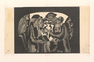 Gruppe av figurer i en bue Visjonær fantasi: gruppe figurer, innkapslet i en bueform, øverst i midten en frontal mann med hatt av Samuel Jessurun de Mesquita (signed by artist)