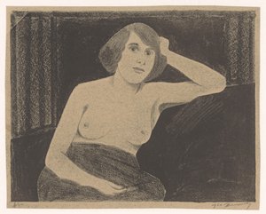 Kvinne naken, sittende på en sofa, hånd mot hode