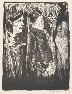 Fantasy: til venstre to figurer med hatter til høyre, til høyre et oppskrapet utseende med fjærdrakt