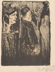 Fantasy: til venstre to figurer med hatter til høyre, til høyre et oppskrapet utseende med fjærdrakt