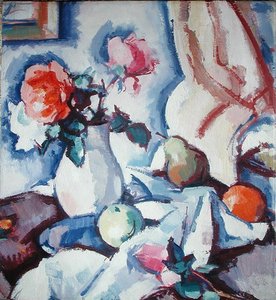 Roser i en hvit vase (olje på lerret) av Samuel John Peploe
