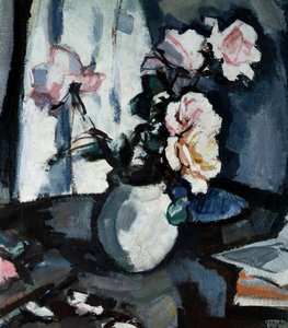 Stilleben med roser i en vase. Maleri av Samuel John Peploe (1871–1935 britisk) Samling privat