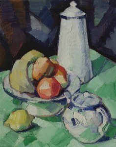 Stilleben med tekanne og frukt på en grønn duk, ca. 1913