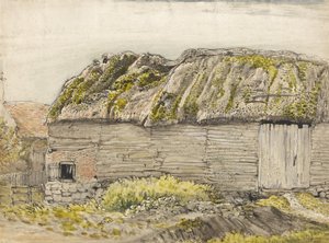A Barn with a Mossy Roof, Shoreham (akvarell med brun vask, blekk, gouache og blyant på papir) av Samuel Palmer