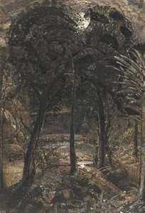 En måneskinn scene med en svingete elv av Samuel Palmer